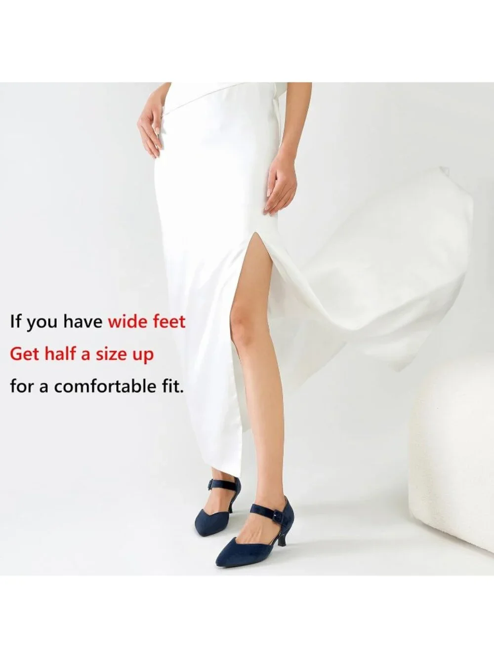 Women's Navy Closed Pointed Toe Ankle Strap Buckle Heels Slip on Low Heel Shoes